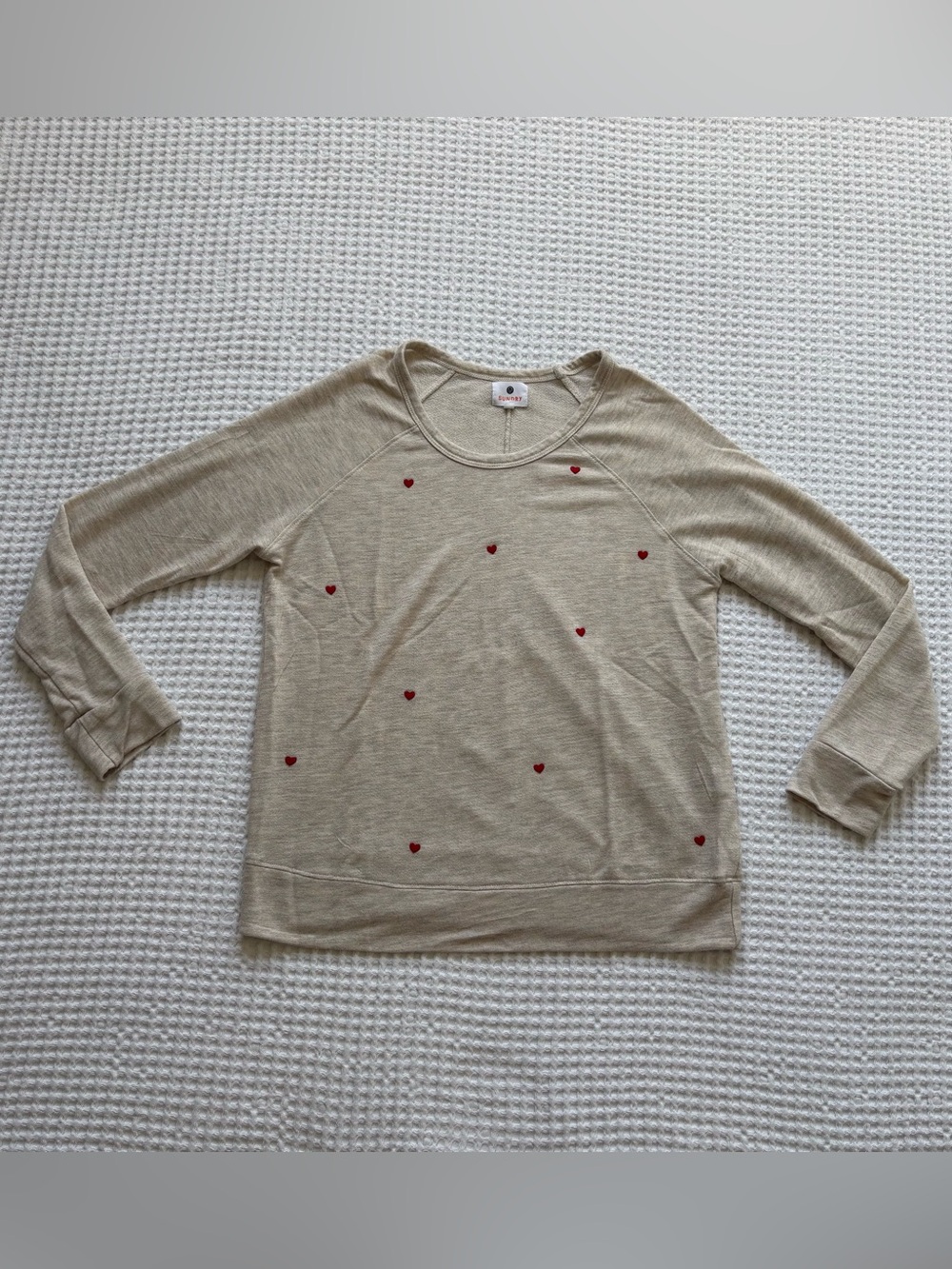 Sundry Embroidered Heart Raglan Pullover Oatmeal Heather Made in USA Size 1/S